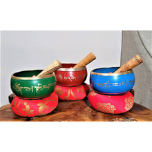 Load image into Gallery viewer, Om Mani Padmne hum Mantra Colored Tibetan Singing Bowl - sevenzings
