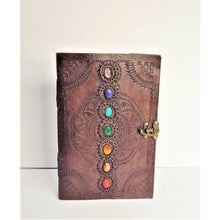 Load image into Gallery viewer, Large 7 Chakra Leather Journal with Latch - Chakra Stones Meditation Manifestation Yoga Reiki Leather Notebook Travel Journaling - sevenzings

