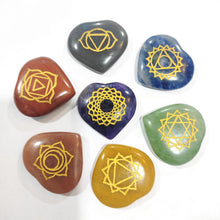 Load image into Gallery viewer, 7 Chakra HEART Crystal Set Palm Stones Engraved Reiki Healing Stones 4&quot; Selenite Plate Meditation Chakra Crystal Stones - sevenzings

