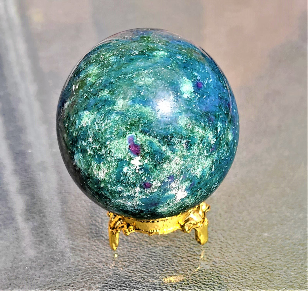 Ruby Zoisite Crystal Carved Stone Sphere 2.5