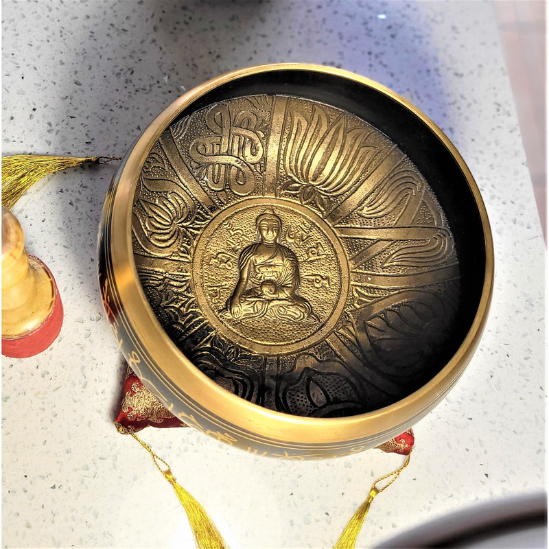 7" Om Mani Padme Hum Mantra Singing Bowl Meditation - Black Tibetan Yoga Reiki Healing Sound Bowl - sevenzings