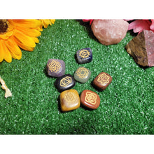 Load image into Gallery viewer, 7 Chakra Stones Tumbled Gemstone Set Palm Stones Chakra Balancing Engraved Healing Stones Meditation Stones Reiki Crystal Stones Sevenzings