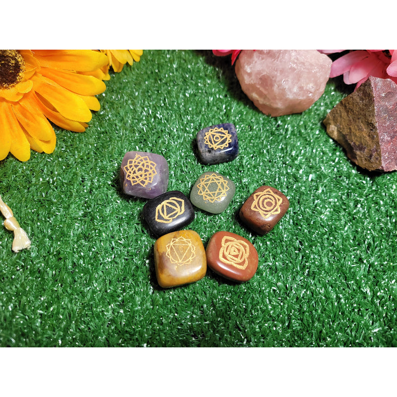 7 Chakra Stones Tumbled Gemstone Set Palm Stones Chakra Balancing Engraved Healing Stones Meditation Stones Reiki Crystal Stones Sevenzings