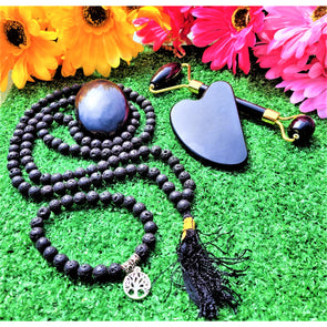 Black Obsidian Palm Crystal Facial Roller Guasha Set Massage Roller Lava Bracelet Necklace Self Care Crystal Kit Sevenzings