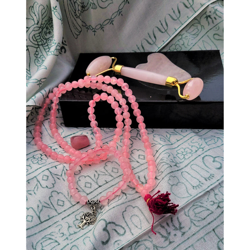 Rose Quartz Kit Facial Roller Crystal Beauty Gift Box Tumbled Stone Beaded Necklace Mala Bracelet Sevenzings