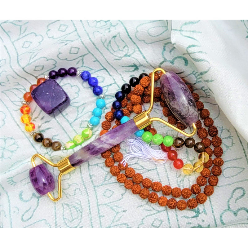 Amethyst Kit Facial Roller Crystal Beauty Gift Box Tumbled Stone Beaded Necklace Mala Bracelet - sevenzings