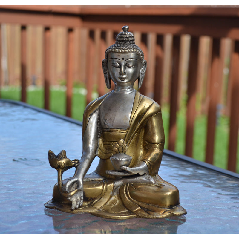 Brass Buddha Statue Medicine Pose - 6" Buddha Figurine Idol Sculpture - sevenzings