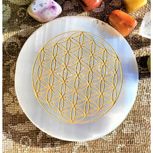 Load image into Gallery viewer, Flower of LIfe  Selenite Plate with Healing Palm Stones Crystal Chakra Stones - sevenzings