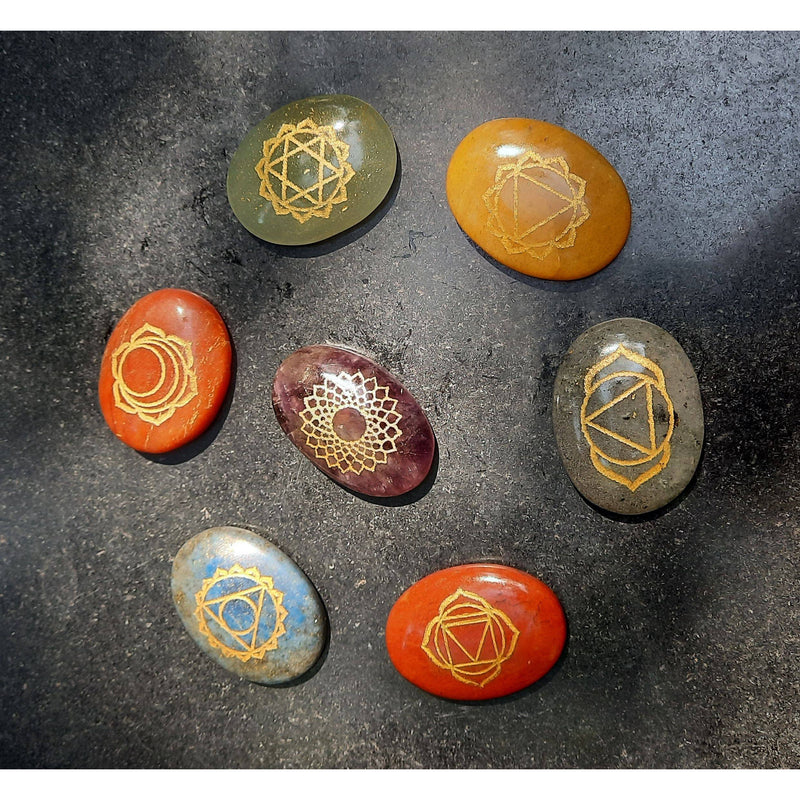 Healing Palm Stones Crystal Chakra Stones with Selenite Plate - sevenzings
