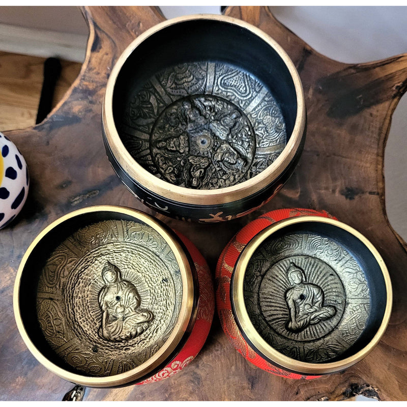 Authentic Tibetan Singing Bowl Set Black Engraved Mantra Sound Bowl Chakra Healing Bowl - sevenzings