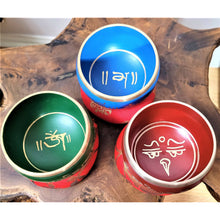 Load image into Gallery viewer, Om Mani Padmne hum Mantra Colored Tibetan Singing Bowl - sevenzings