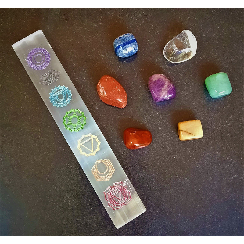 Healing Stones Kit Magic Crystals Chakra Tumble Stones + Selenite Plate Set - sevenzings