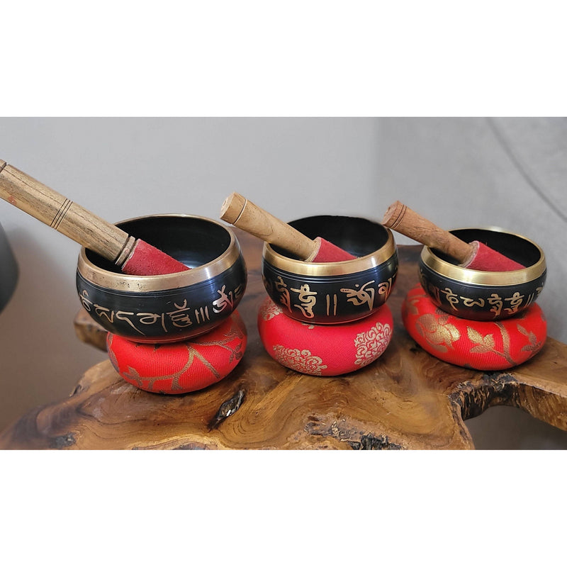 Christmas Gift Set Authentic Tibetan Singing Bowl Set Black Engraved Mantra Sound Bowl Chakra Healing Bowl