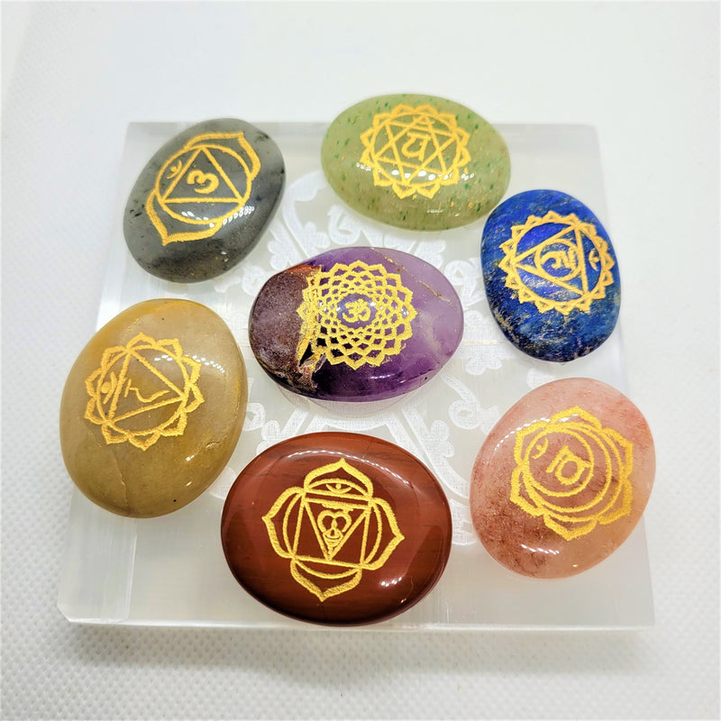 Engraved Chakra Healing Crystals Selenite Plate Palm Stones Energy stones - sevenzings