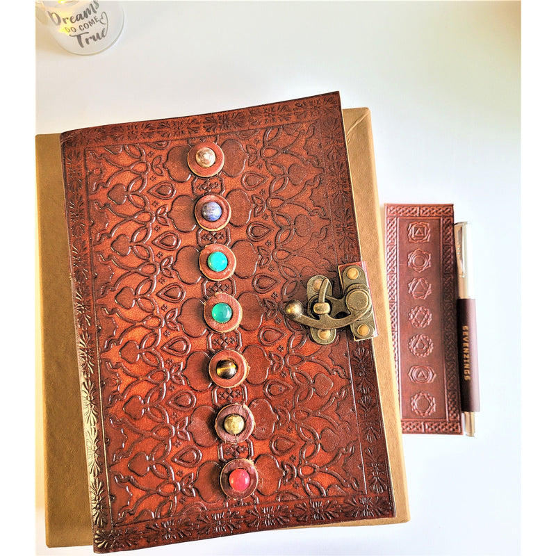 7 Chakra Stone Leather Journal Set Gift Box Meditation Manifestation Journaling Set - sevenzings