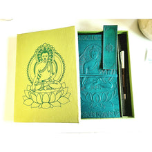Load image into Gallery viewer, FAST SHIPPING Buddha Leather Journal Set Gift Box Handmade Meditation Diary Set - Yoga Reiki Leather Diary Journaling Travel Diary Self Gift - sevenzings
