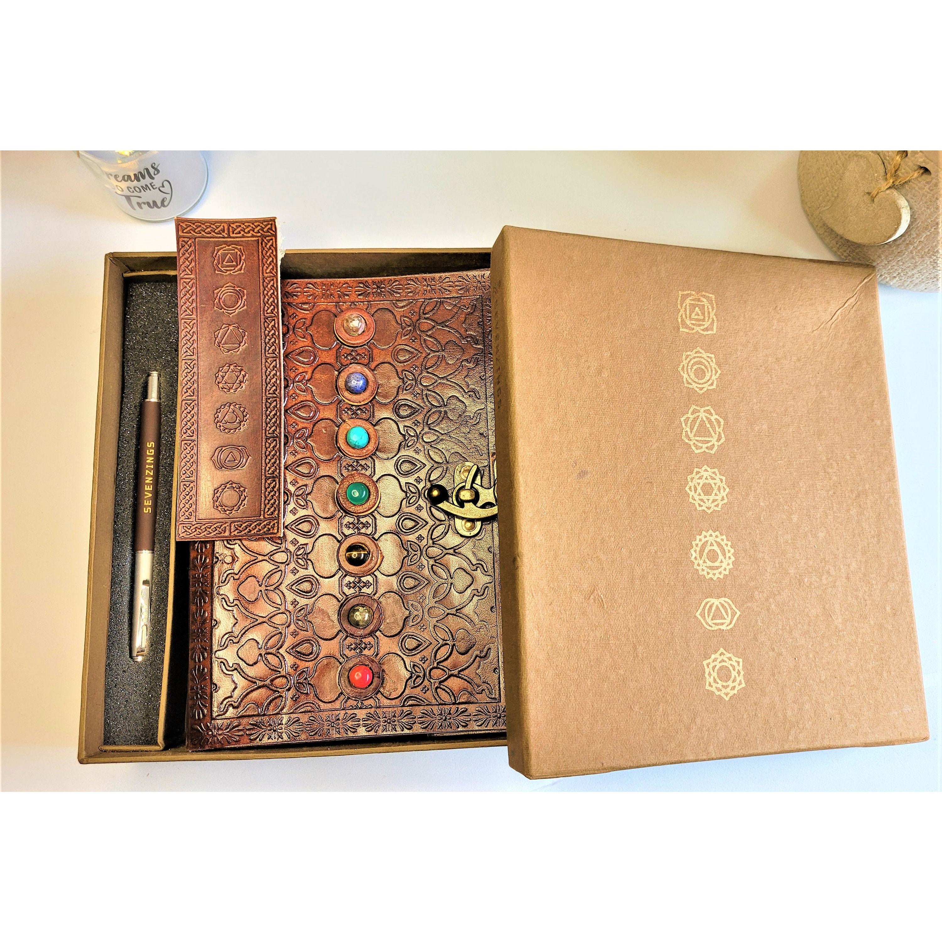 Christmas Gifts: Leather Journal Set Gift Box- Chakra Crystal top Stones Meditation Manifestation Yoga Reiki Leather Notebook Travel Journaling