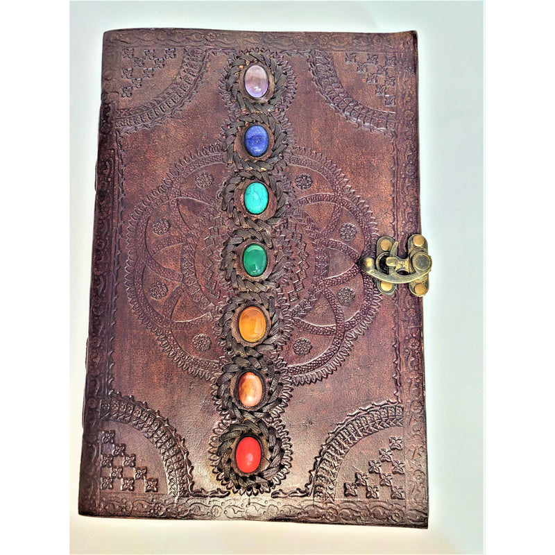 Large 7 Chakra Leather Journal with Latch - Chakra Stones Meditation Manifestation Yoga Reiki Leather Notebook Travel Journaling - sevenzings