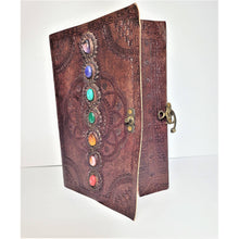 Load image into Gallery viewer, Large 7 Chakra Leather Journal with Latch - Chakra Stones Meditation Manifestation Yoga Reiki Leather Notebook Travel Journaling - sevenzings
