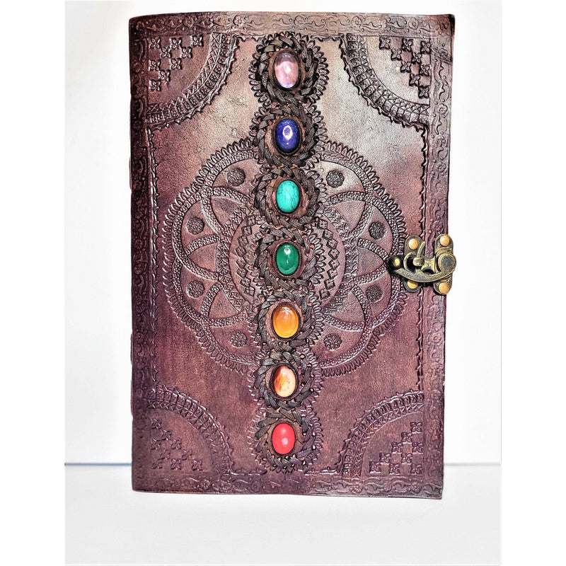 Large 7 Chakra Leather Journal with Latch - Chakra Stones Meditation Manifestation Yoga Reiki Leather Notebook Travel Journaling - sevenzings