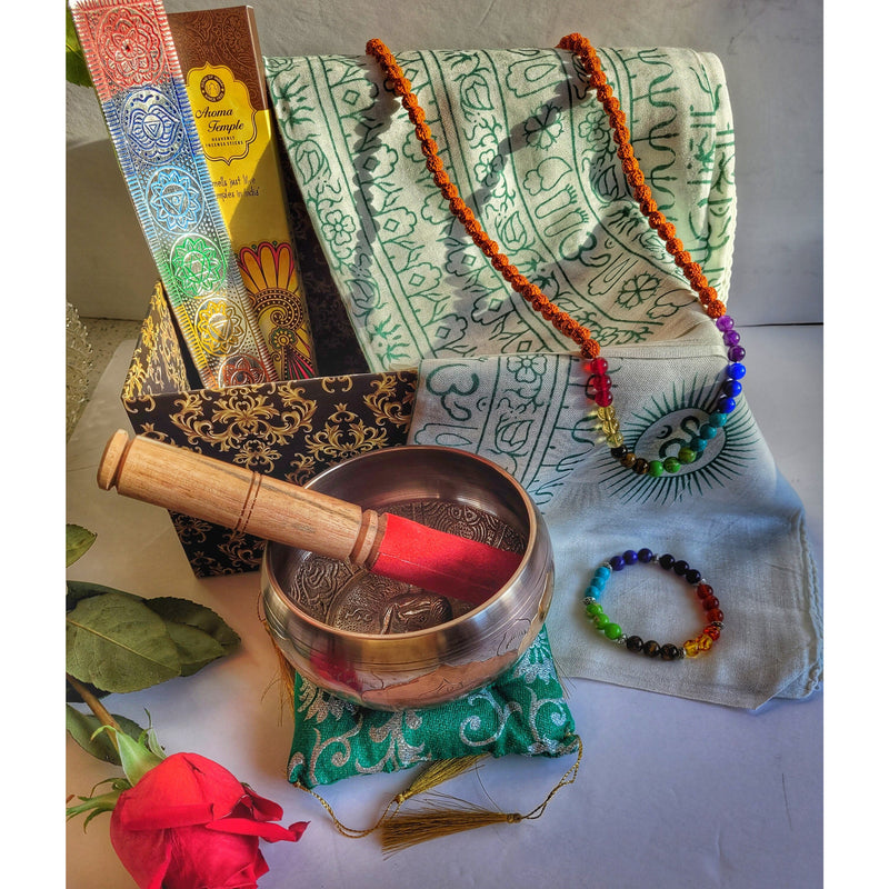 Gift Box| Meditation Gift Set| Tibetan Singing Bowl Chakra Mala Bracelet Scarf | Yoga Mindfulness Wellness Kit- Perfect Self Care Box - sevenzings
