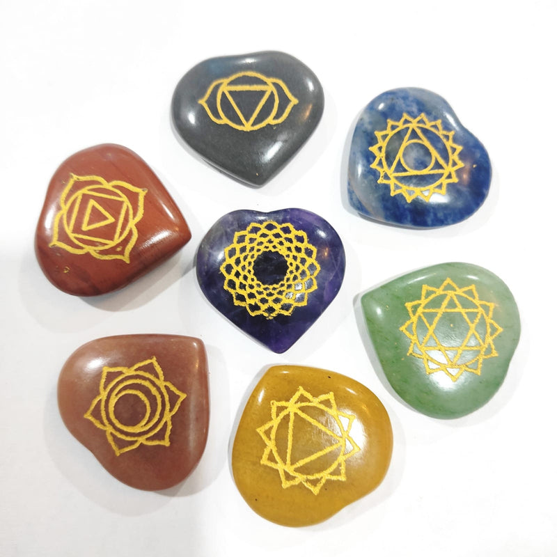 7 Chakra HEART Crystal Set Palm Stones Engraved Reiki Healing Stones 4" Selenite Plate Meditation Chakra Crystal Stones - sevenzings