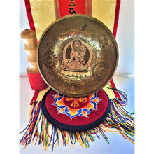 Load image into Gallery viewer, 9&quot; Hand made Tibetan Singing Bowl with Hand Etched Tara &amp; Chakras Deep Vibrations Sounds Meditation Mindfulness Yoga Sound Bath Sound Bowl - sevenzings
