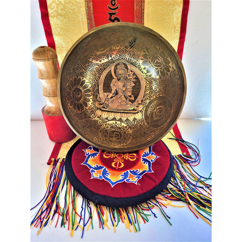 9" Hand made Tibetan Singing Bowl with Hand Etched Tara & Chakras Deep Vibrations Sounds Meditation Mindfulness Yoga Sound Bath Sound Bowl - sevenzings