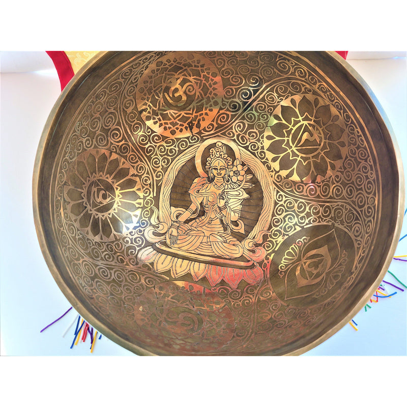 9" Hand made Tibetan Singing Bowl with Hand Etched Tara & Chakras Deep Vibrations Sounds Meditation Mindfulness Yoga Sound Bath Sound Bowl - sevenzings
