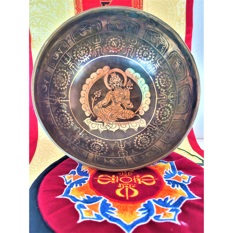 9" Hand made Tibetan Singing Bowl with Hand Etched Tara Mantras Deep Vibrations Sounds Meditation Mindfulness Yoga Sound Bath Sound Bowl - sevenzings