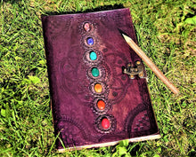 Load image into Gallery viewer, Large 7 Chakra Leather Journal Chakra Stones Meditation Manifestation Yoga Reiki Leather Notebook Travel Journaling - sevenzings
