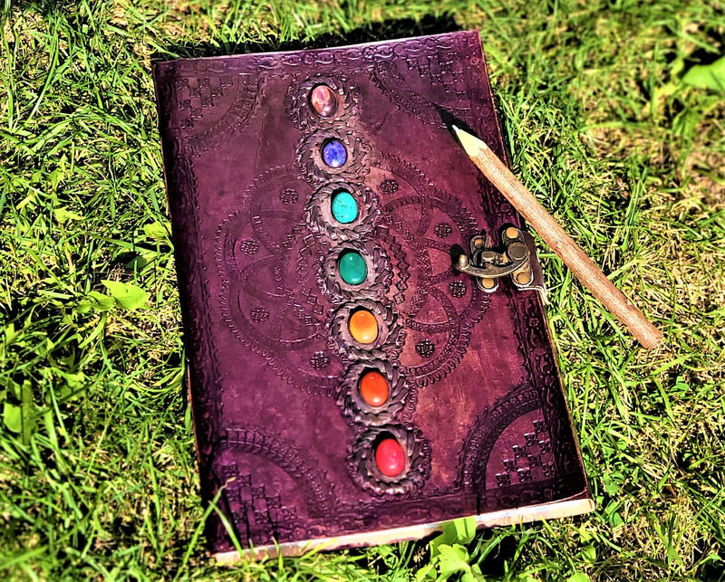 Large 7 Chakra Leather Journal Chakra Stones Meditation Manifestation Yoga Reiki Leather Notebook Travel Journaling - sevenzings