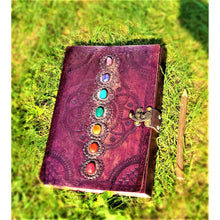 Load image into Gallery viewer, Large 7 Chakra Leather Journal Chakra Stones Meditation Manifestation Yoga Reiki Leather Notebook Travel Journaling - sevenzings
