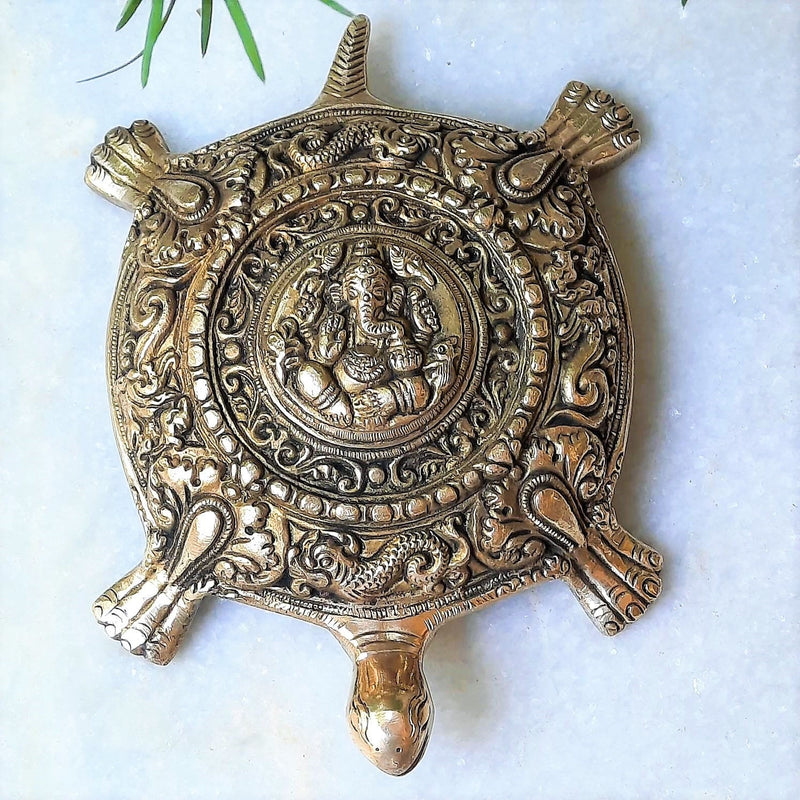 Brass Tortoise Statue feng shui Vastu Lord Ganesha Engraved Turtle Figurine Sculpture Home Decor Work Space Decor - sevenzings